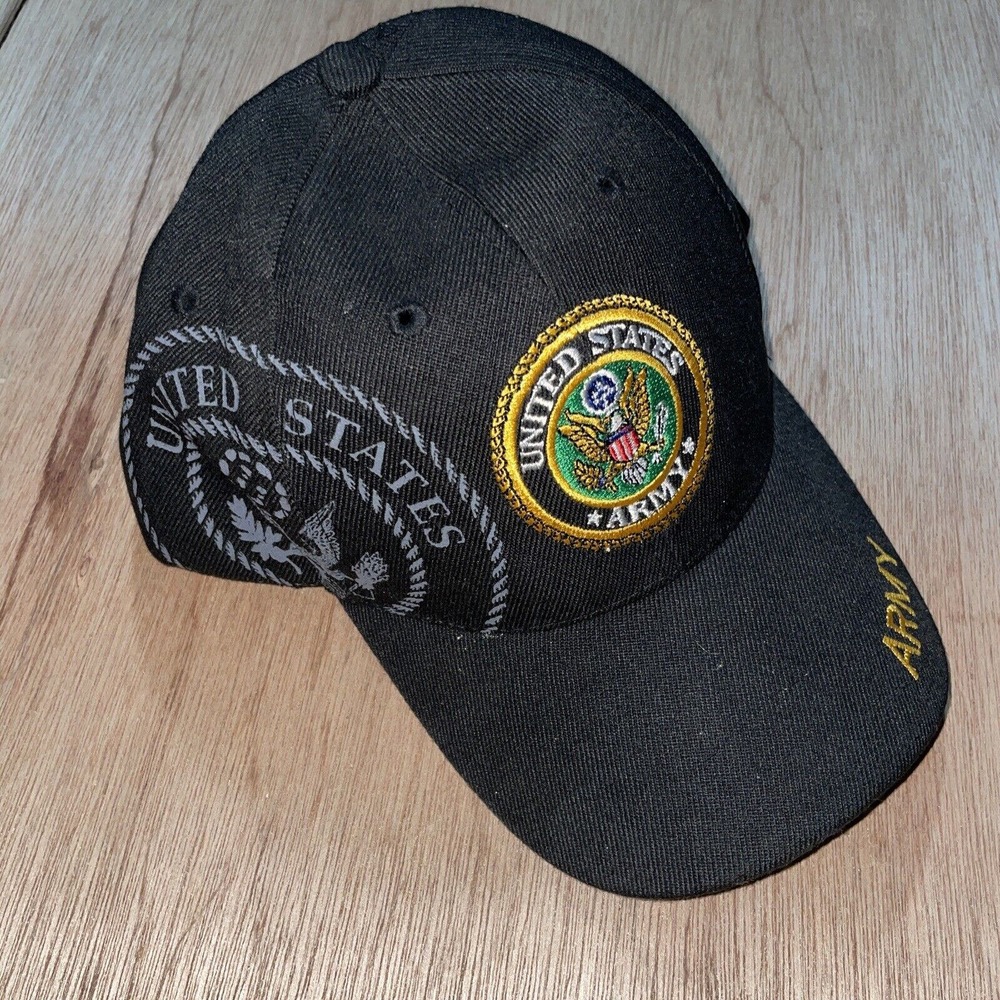 US Army Hat Cap Strap Back Black Yellow Embroidered Miltary Mens